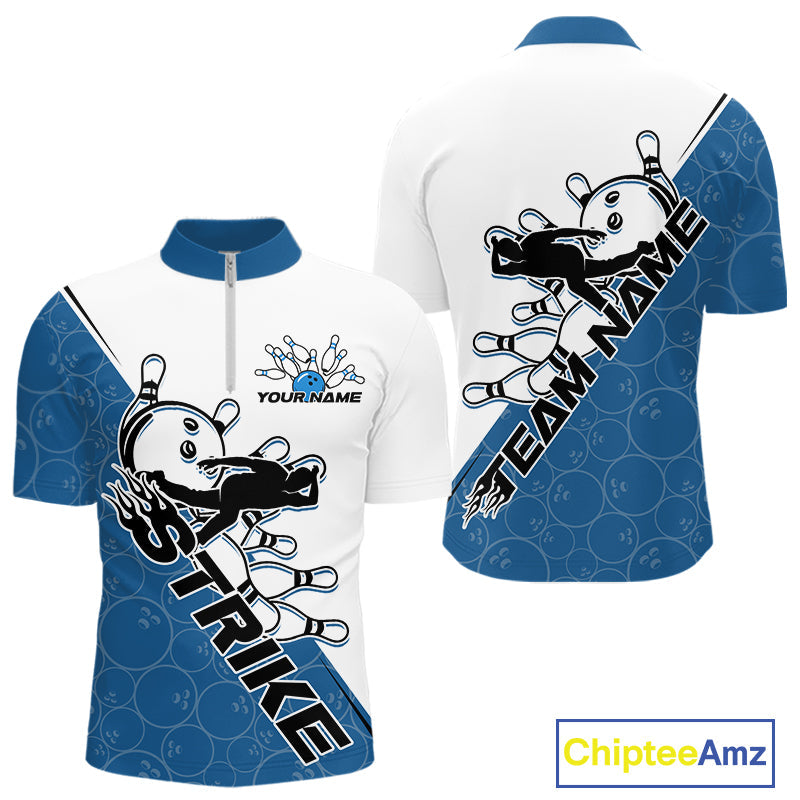 Cusom Blue Strike Bowling Team Quarter-Zip Shirts For Men, Bowling League Shirt Bowlers Outfit IPHW9260