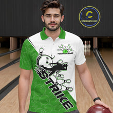 Load image into Gallery viewer, Cusom Green Strike Bowling Team Polo Shirts For Men, Bowling League Shirt Bowlers Outfit IPHW9261