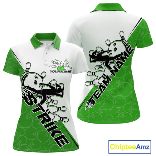 Cusom Green Strike Bowling Team Polo Shirt For Women, Bowling League Shirt Bowlers Outfit IPHW9261