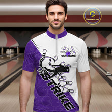 Load image into Gallery viewer, Cusom Purple Strike Bowling Team Quarter-Zip Shirts For Men, Bowling League Shirt Bowlers Outfit IPHW9262
