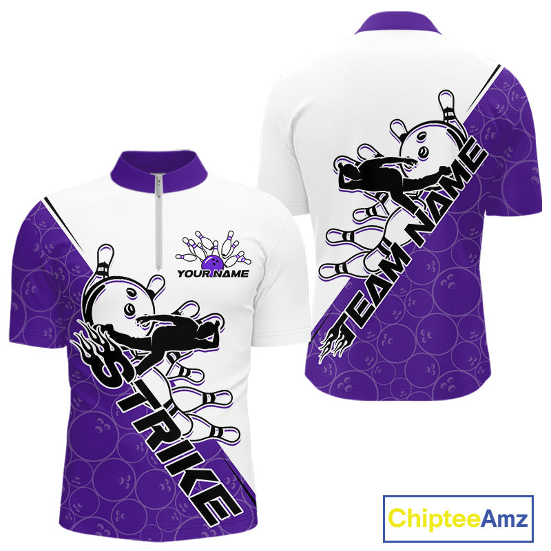 Cusom Purple Strike Bowling Team Quarter-Zip Shirts For Men, Bowling League Shirt Bowlers Outfit IPHW9262