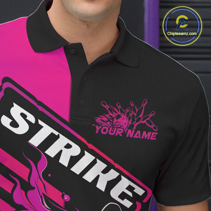 Custom Black And Pink Flame Strike Bowling Polo Shirts For Men, Fire Bowling League Shirt IPHW9269
