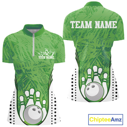 Custom Green Camo Bowling Team Women Quarter-Zip Shirts, Bowling Jerseys Bowler Outfit IPHW9597