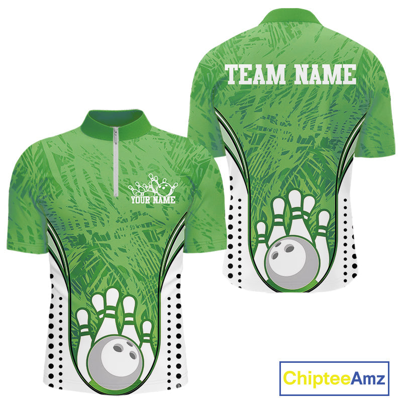 Custom Green Camo Bowling Team Quarter-Zip Shirts For Men, Bowling Jerseys Bowler Outfit IPHW9597