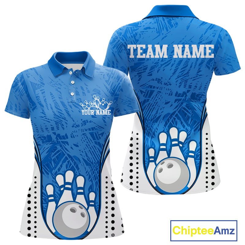 Custom Blue Camo Bowling Team Polo Shirts For Women, Bowling Jerseys Bowler Outfit IPHW9598