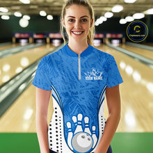 Load image into Gallery viewer, Custom Blue Camo Bowling Team Quarter-Zip Shirts For Women, Bowling Jerseys Bowler Outfit IPHW9598