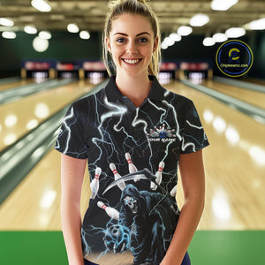 Custom Blue Thunder Lightning Grim Reaper Bowling Women Polo Shirt, Halloween Outfit IPHW9796