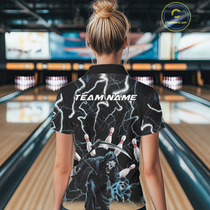 Custom Blue Thunder Lightning Grim Reaper Bowling Women Polo Shirt, Halloween Outfit IPHW9796