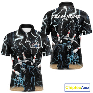 Custom Blue Thunder Lightning Grim Reaper Bowling Men Polo Shirt, Halloween Bowling Outfit IPHW9796