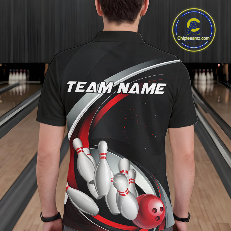 Custom Black And Red Bowling Team Jerseys, Bowler Uniform Bowling Polo Shirts For Men IPHW9276