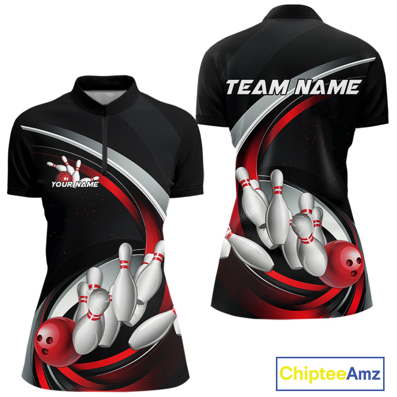 Custom Black And Red Bowling Team Jerseys, Bowler Uniform Bowling Women Quarter-Zip Shirt IPHW9276