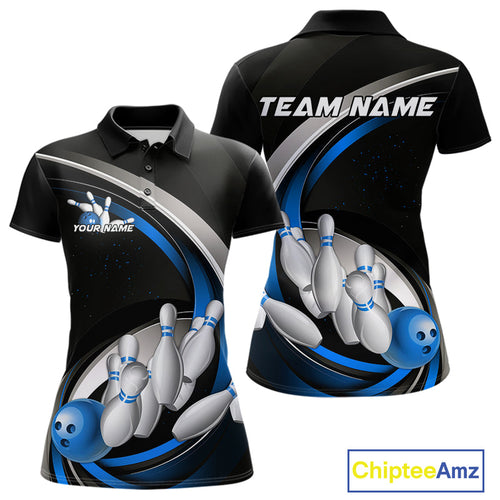 Custom Black Blue Bowling Team Jerseys, Bowler Uniform Bowling Polo Shirts For Women IPHW9277
