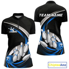 Load image into Gallery viewer, Custom Black Blue Bowling Team Jerseys, Bowler Uniform Bowling Women Quarter-Zip Shirts IPHW9277