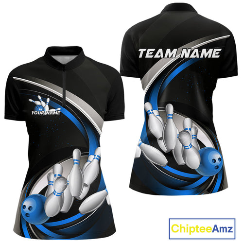 Custom Black Blue Bowling Team Jerseys, Bowler Uniform Bowling Women Quarter-Zip Shirts IPHW9277