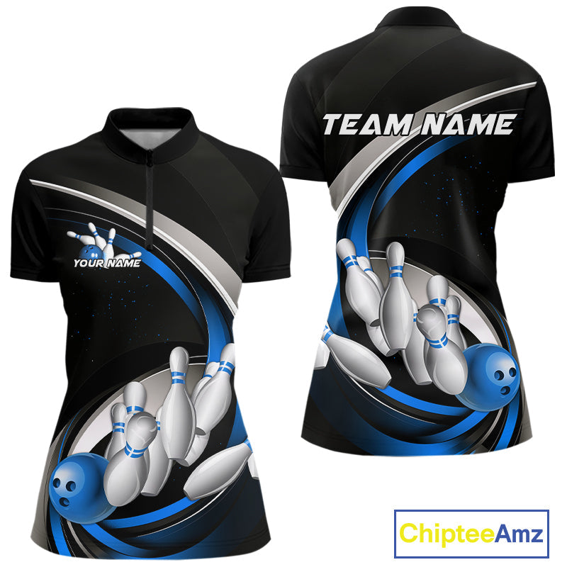 Custom Black Blue Bowling Team Jerseys, Bowler Uniform Bowling Women Quarter-Zip Shirts IPHW9277