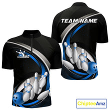 Load image into Gallery viewer, Custom Black Blue Bowling Team Jerseys, Bowler Uniform Bowling Quarter-Zip Shirts For Men IPHW9277