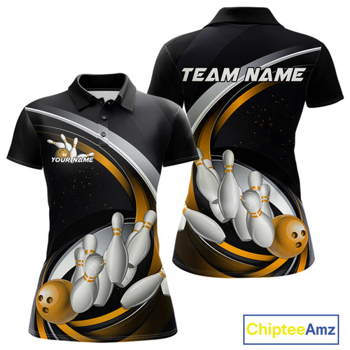 Custom Black Yellow Bowling Team Jerseys, Bowler Uniform Bowling Polo Shirts For Women IPHW9278