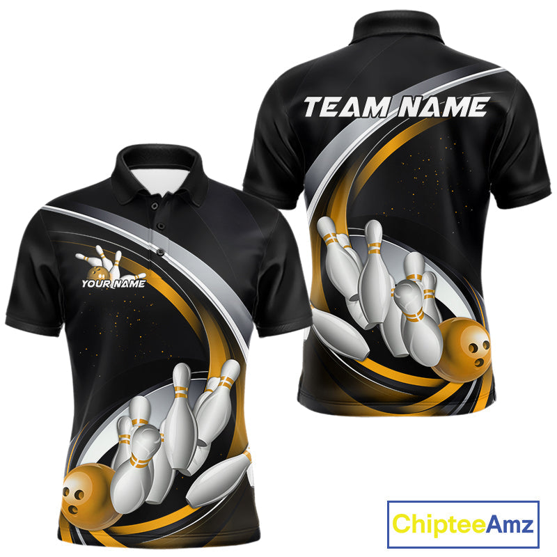 Custom Black Yellow Bowling Team Jerseys, Bowler Uniform Bowling Polo Shirts For Men IPHW9278