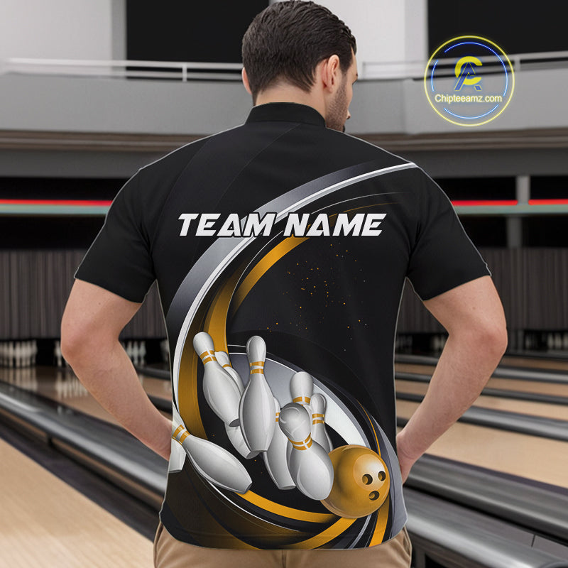 Custom Black Yellow Bowling Team Jerseys, Bowler Uniform Bowling Quarter-Zip Shirts For Men IPHW9278