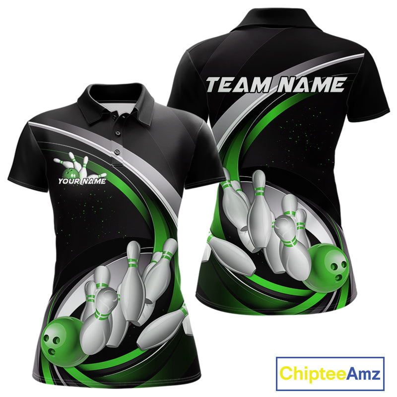 Custom Black Green Bowling Team Jerseys, Bowler Uniform Bowling Polo Shirts For Women IPHW9279