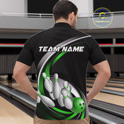 Custom Black Green Bowling Team Jerseys, Bowler Uniform Bowling Quarter-Zip Shirts For Men IPHW9279