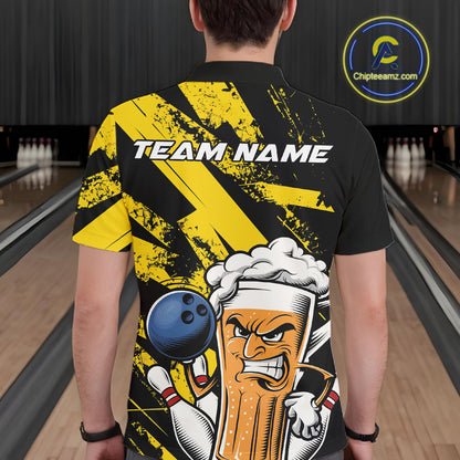Custom Grunge Yellow Funny Bowling And Beer Polo Shirts For Men, Bowling Team Uniform IPHW9607
