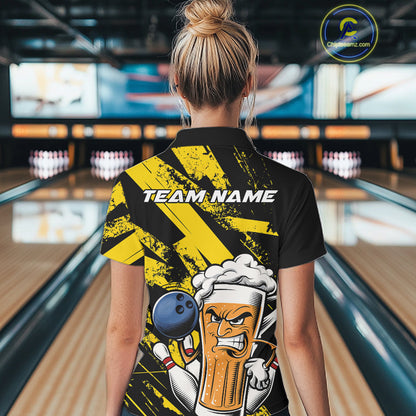 Custom Grunge Yellow Funny Bowling And Beer Polo Shirts For Women, Bowling Team Uniform IPHW9607