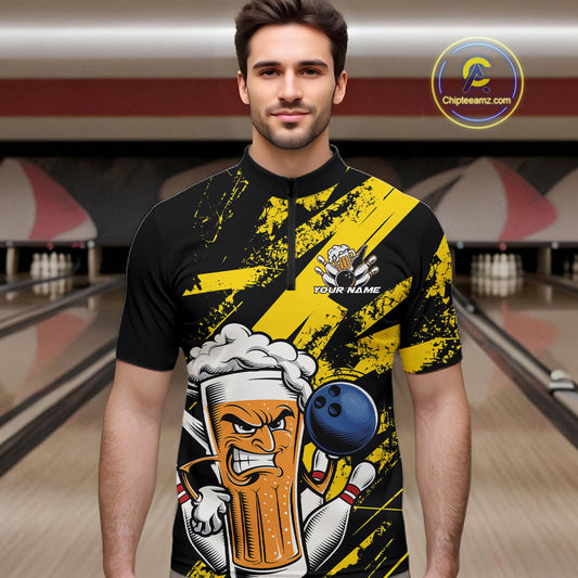 Custom Grunge Yellow Funny Bowling And Beer Quarter-Zip Shirts For Men, Bowling Team Uniform IPHW9607