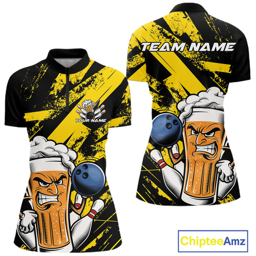 Custom Grunge Yellow Funny Bowling And Beer Women Quarter-Zip Shirt, Bowling Team Uniform IPHW9607