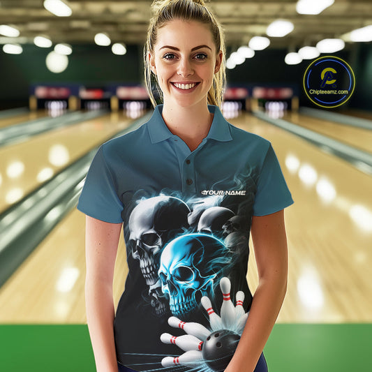 Custom Teal Blue Smoke Skull Bowling Women Polo Shirt, Ghostly Halloween Bowling Outfit IPHW9519