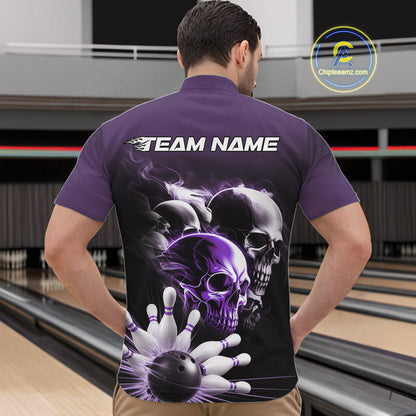 Custom Purple Smoke Skull Bowling Quarter-Zip Shirts For Men, Ghostly Halloween Bowling Outfit IPHW9521