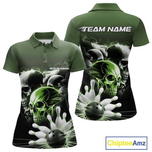 Custom Green Smoke Skull Bowling Polo Shirts For Women, Ghostly Halloween Bowling Outfit IPHW9522