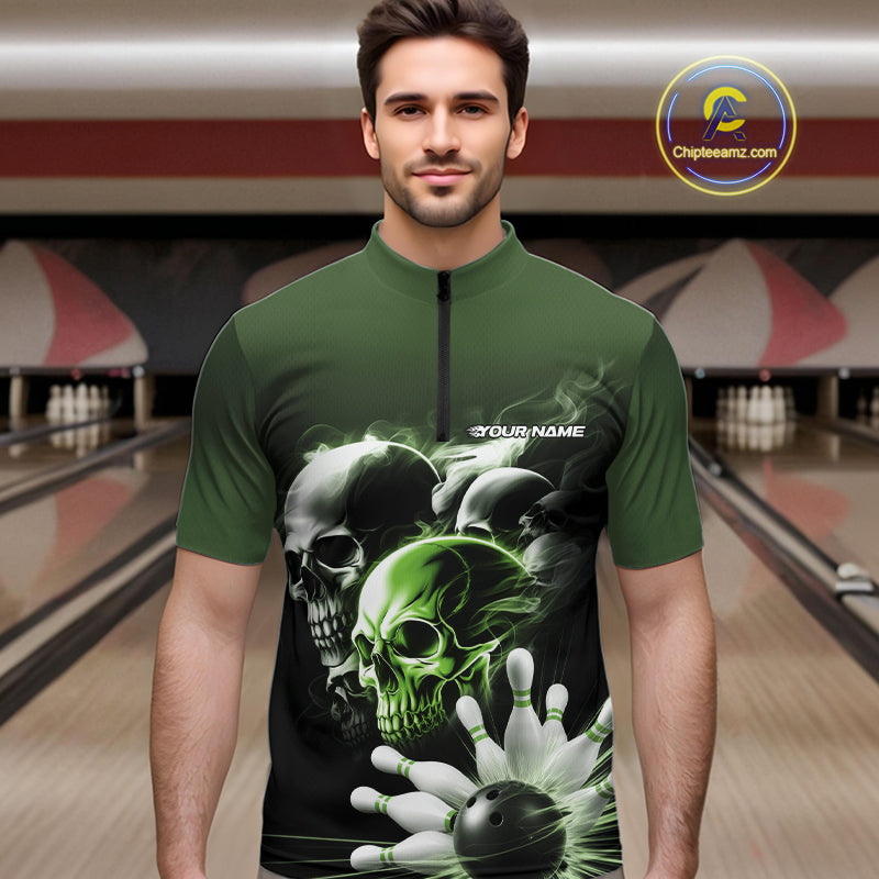 Custom Green Smoke Skull Bowling Quarter-Zip Shirts For Men, Ghostly Halloween Bowling Outfit IPHW9522