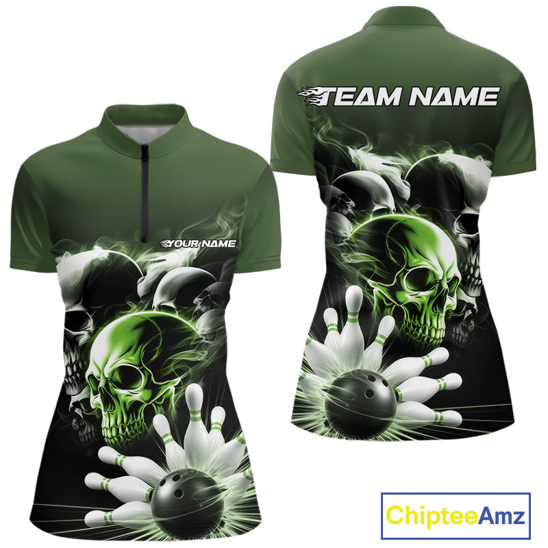 Custom Green Smoke Skull Bowling Women Quarter-Zip Shirt, Ghostly Halloween Outfit IPHW9522