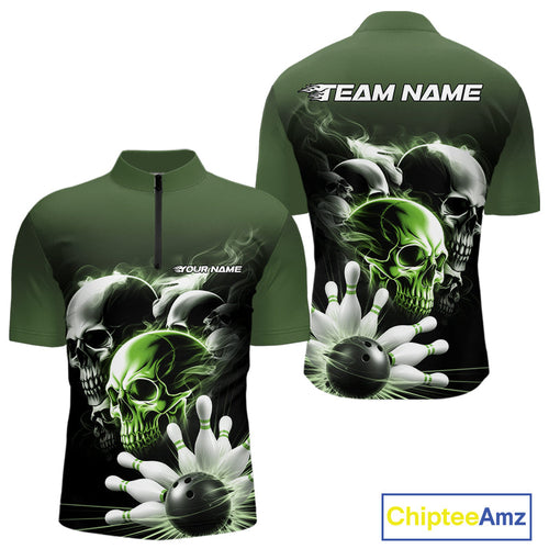 Custom Green Smoke Skull Bowling Quarter-Zip Shirts For Men, Ghostly Halloween Bowling Outfit IPHW9522