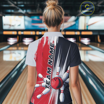 Custom Red, White And Blue Bowling Team Polo Shirts For Women, Bowling Jerseys IPHW9546