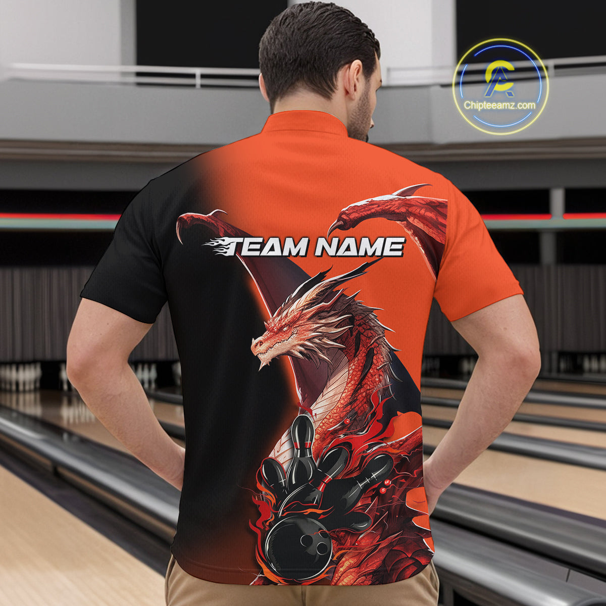 Custom Red Orange Dragon Flame Bowling Quarter-Zip Shirts For Men, Bowling Tournament Shirt IPHW9330