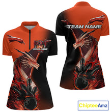 Load image into Gallery viewer, Custom Red Orange Dragon Flame Bowling Women Quarter-Zip Shirt, Bowling Tournament Shirt IPHW9330