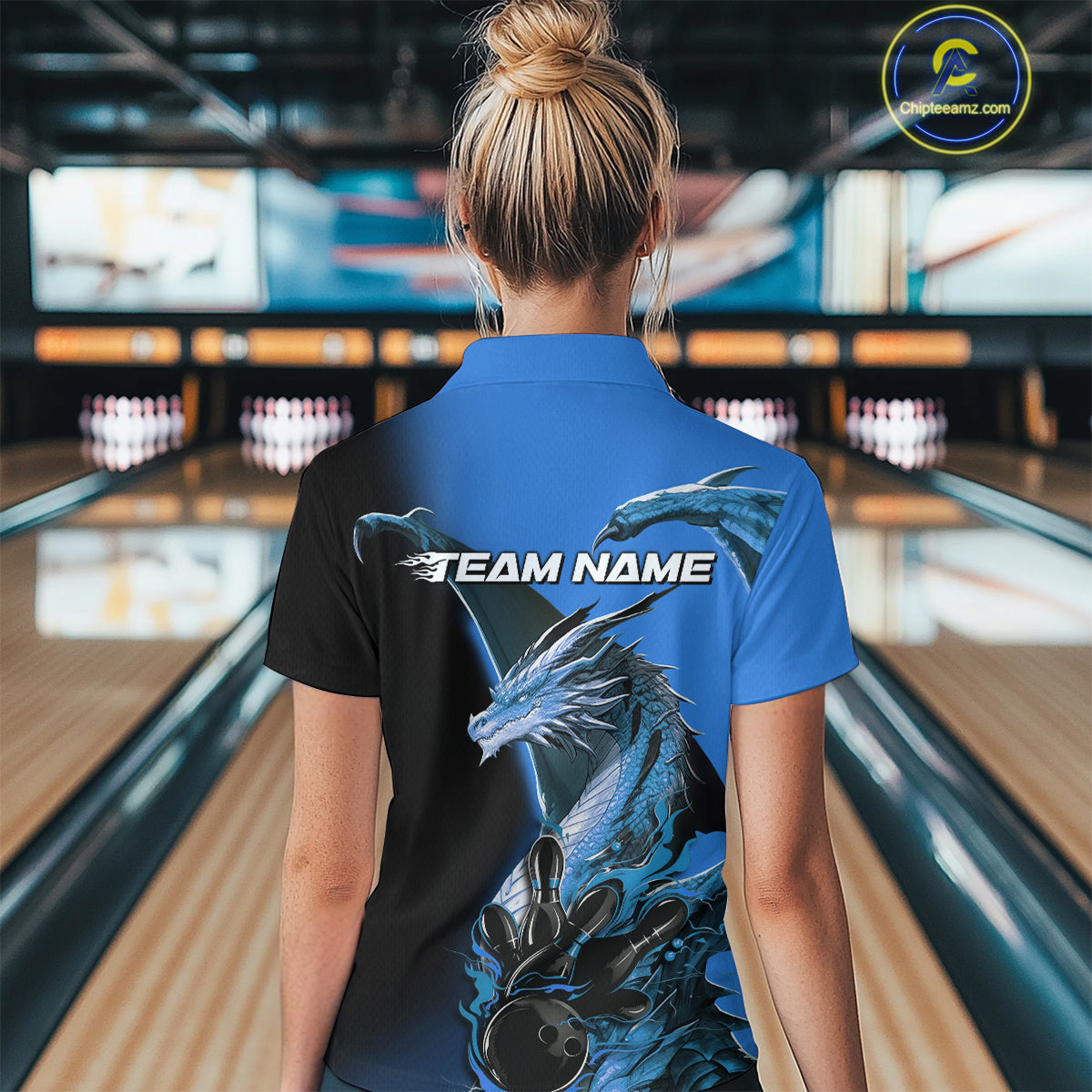 Custom Blue Dragon Flame Bowling Polo Shirts For Women, Bowling Tournament Shirt IPHW9331