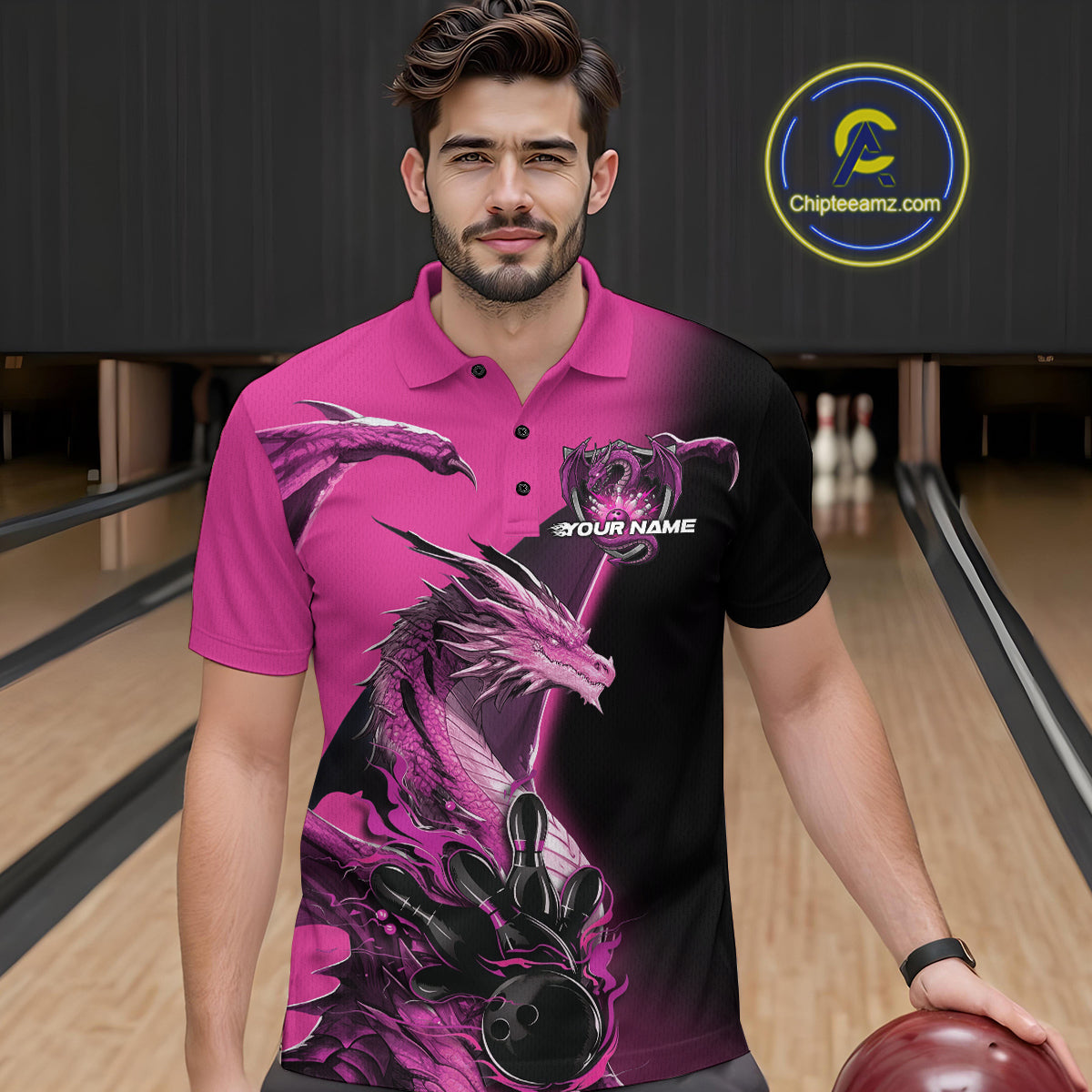 Custom Pink Dragon Flame Bowling Polo Shirts For Men, Bowling Tournament Shirt IPHW9332