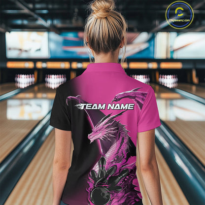 Custom Pink Dragon Flame Bowling Quarter-Zip Shirt For Women, Bowling Tournament Shirt IPHW9332