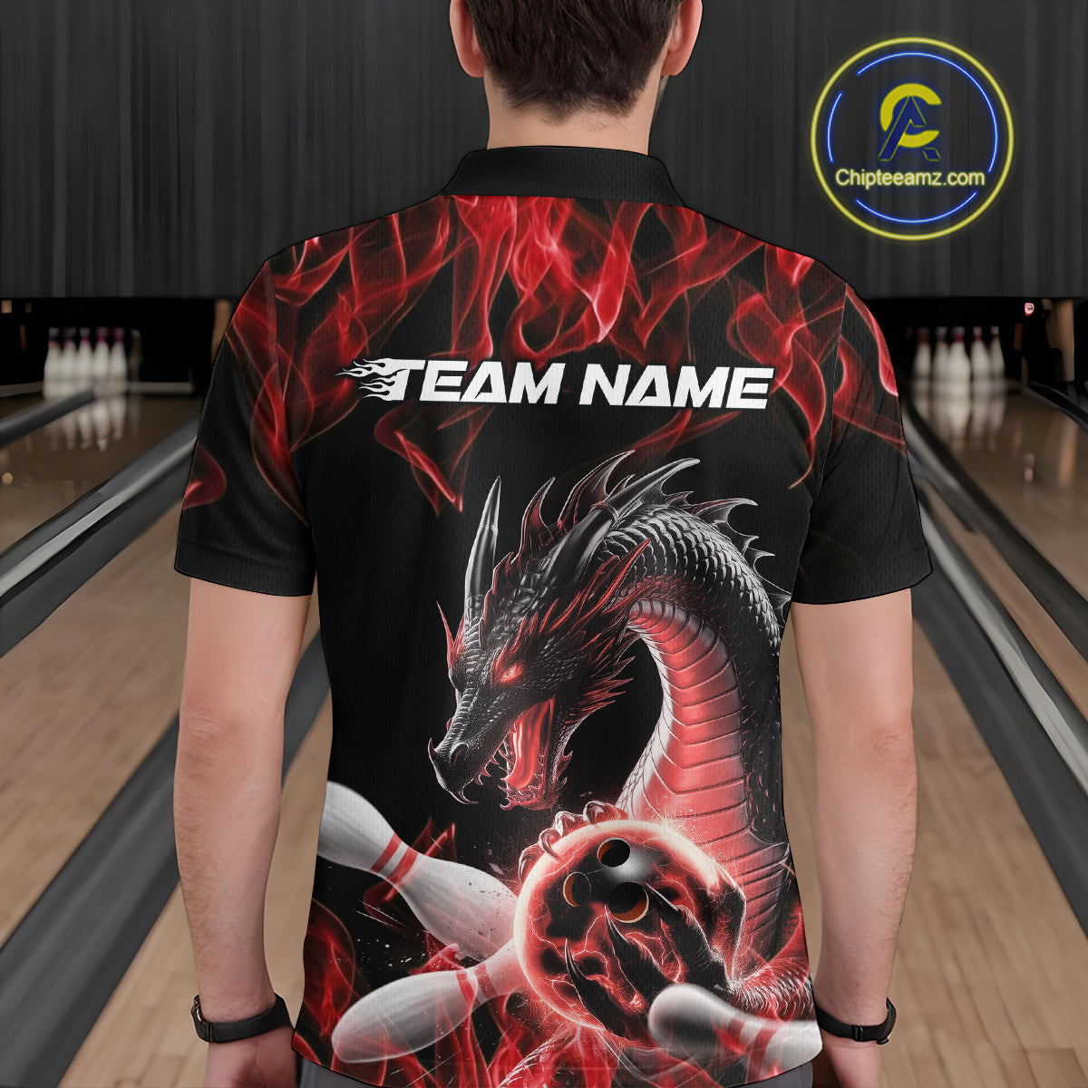Custom Black And Red Fire Flame Dragon Bowling Polo Shirt For Men, Dragon Bowling Jersey IPHW9821