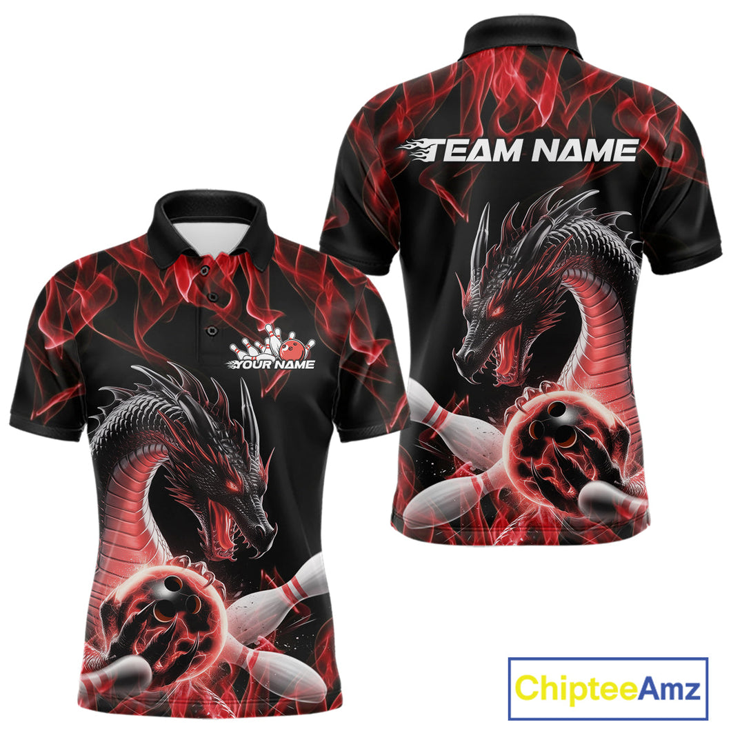 Custom Black And Red Fire Flame Dragon Bowling Polo Shirt For Men, Dragon Bowling Jersey IPHW9821