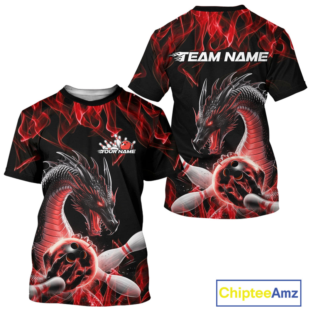 Custom Black And Red Fire Flame Dragon Bowling T-Shirts For Men, Dragon Bowling Jersey IPHW9821