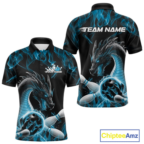Custom Black And Blue Fire Flame Dragon Bowling Polo Shirt For Men, Dragon Bowling Jersey IPHW9822