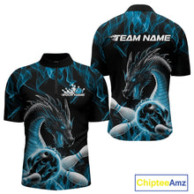 Load image into Gallery viewer, Custom Black And Blue Fire Flame Dragon Bowling Quarter-Zip Shirt For Men, Dragon Bowling Jersey IPHW9822