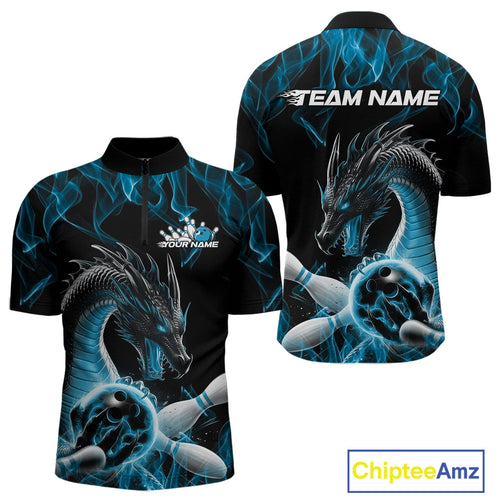 Custom Black And Blue Fire Flame Dragon Bowling Quarter-Zip Shirt For Men, Dragon Bowling Jersey IPHW9822