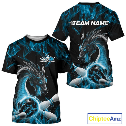 Custom Black And Blue Fire Flame Dragon Bowling T-Shirts For Men, Dragon Bowling Jersey IPHW9822