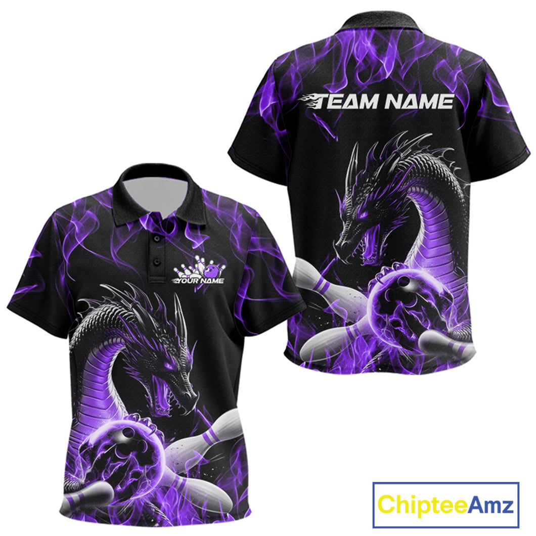 Custom Black And Purple Fire Flame Dragon Bowling Polo Shirt For Kid, Dragon Bowling Jersey IPHW9823