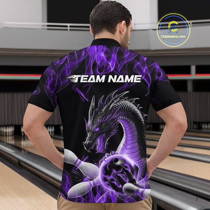 Custom Black And Purple Fire Flame Dragon Bowling Men Quarter-Zip Shirt, Dragon Bowling Jersey IPHW9823